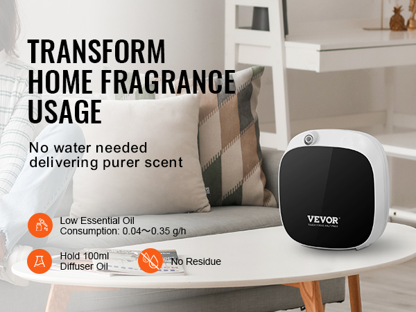 VEVOR scent air machine on a table in a modern, cozy living room, promoting home fragrance transformation.