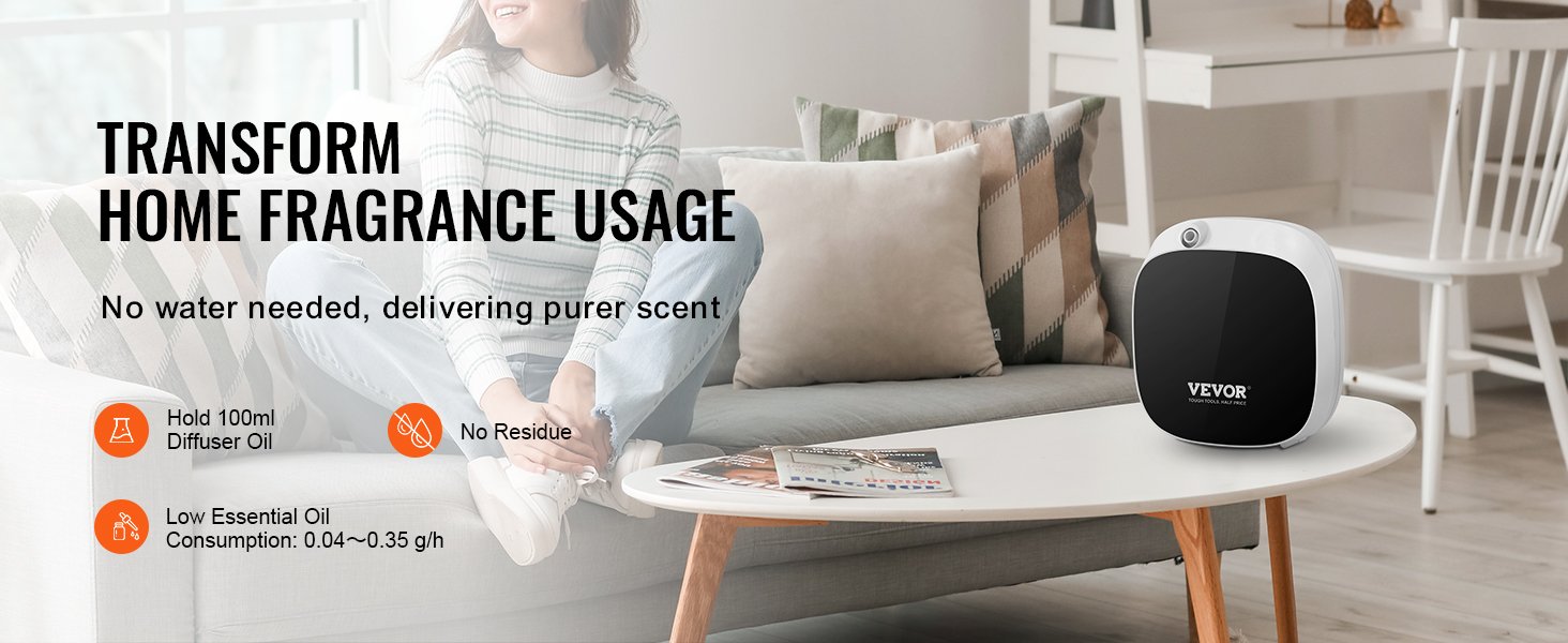 VEVOR scent air machine on a table in a modern, cozy living room, promoting home fragrance transformation.