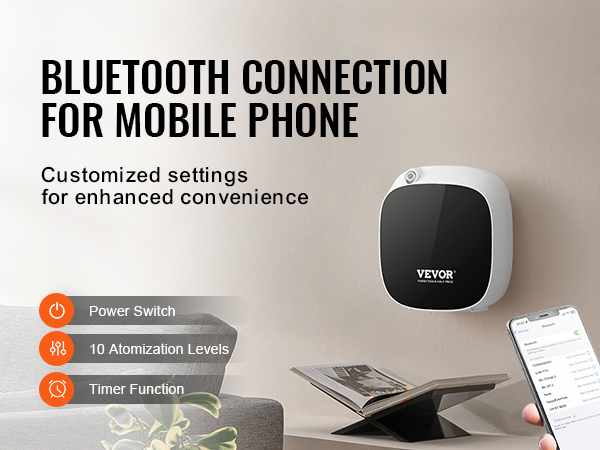 VEVOR scent air machine with bluetooth connection, 10 atomization levels, and timer function.