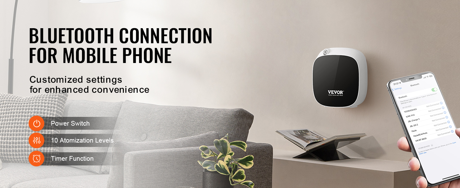 VEVOR scent air machine with bluetooth connection, 10 atomization levels, and timer function.
