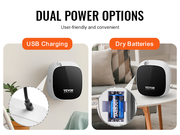 VEVOR scent air machine with dual power options: usb charging and dry batteries. user-friendly and convenient.