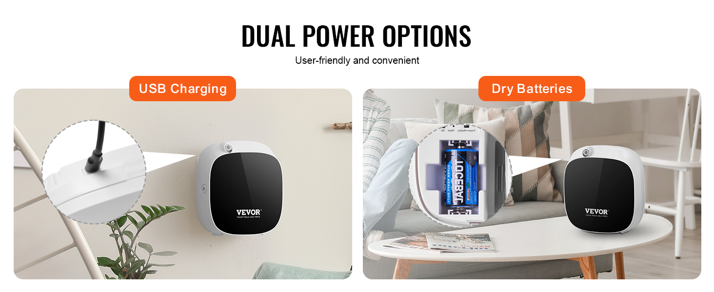 VEVOR scent air machine with dual power options: usb charging and dry batteries. user-friendly and convenient.