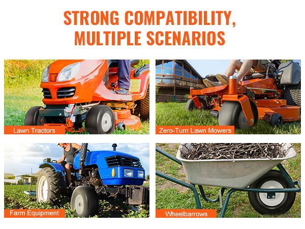 strong compatibility for VEVOR lawn mower tires with lawn tractors, zero-turn mowers, farm equipment, wheelbarrows.