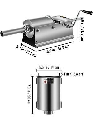 VEVOR sausage stuffer with detailed measurements in stainless steel.