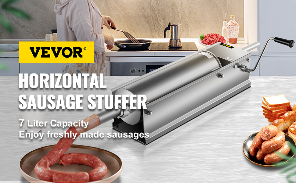 VEVOR sausage stuffer in a kitchen, 7 liter capacity, freshly made sausages.