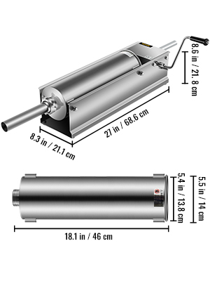 VEVOR sausage stuffer with dimensions highlighted in detailed measurements.