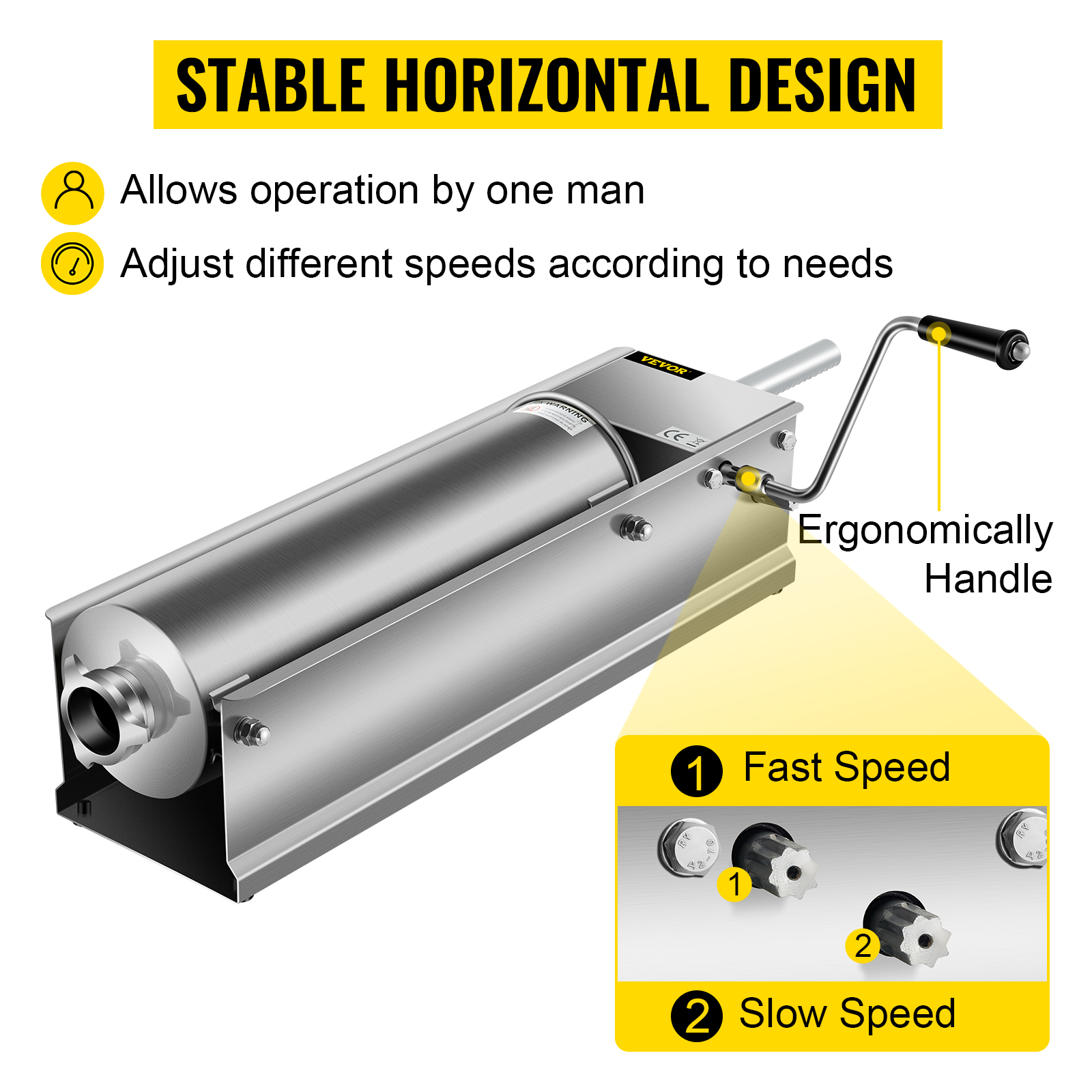 VEVOR sausage stuffer features stable horizontal design and adjustable speeds.