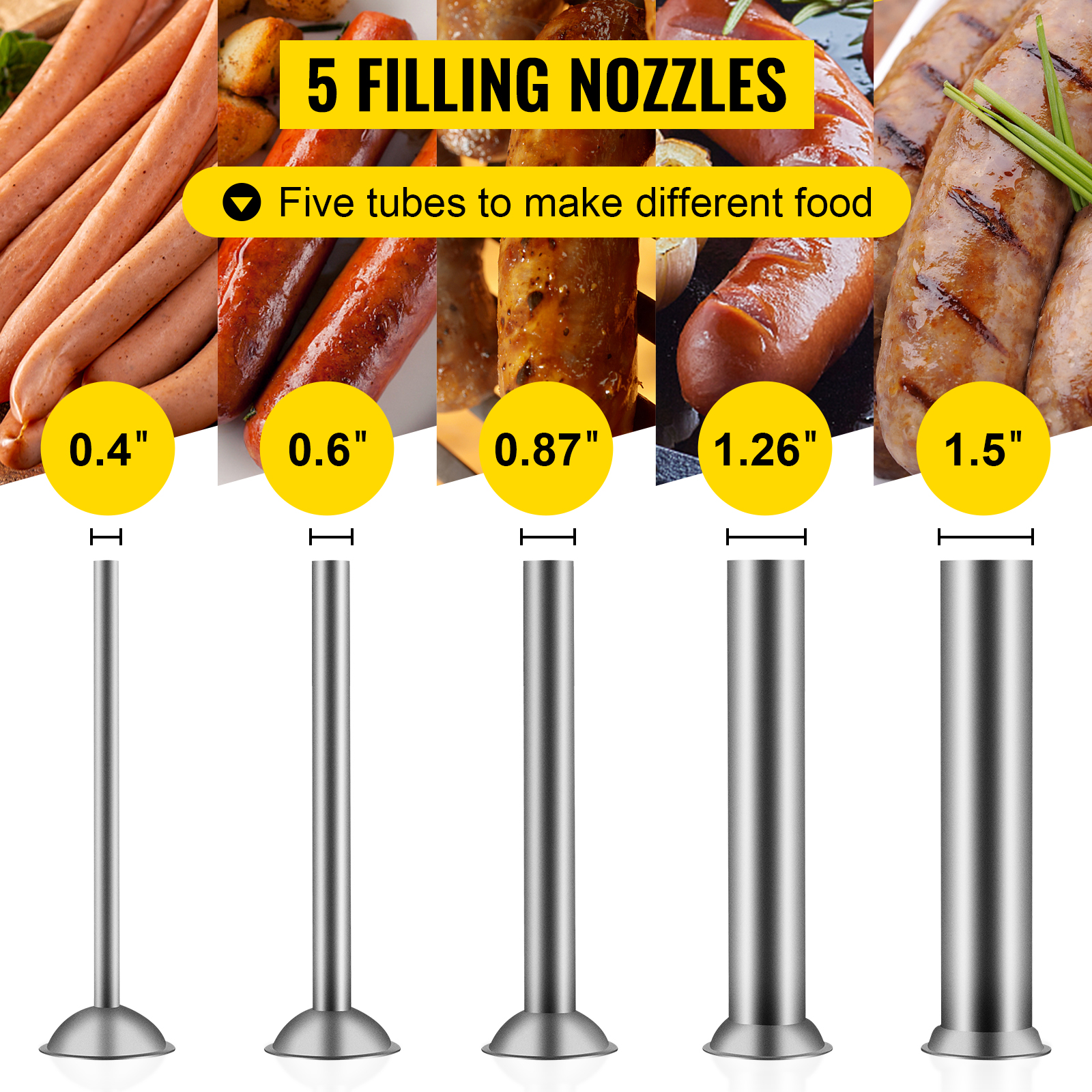 VEVOR sausage stuffer with five filling nozzles of different sizes for various sausages.