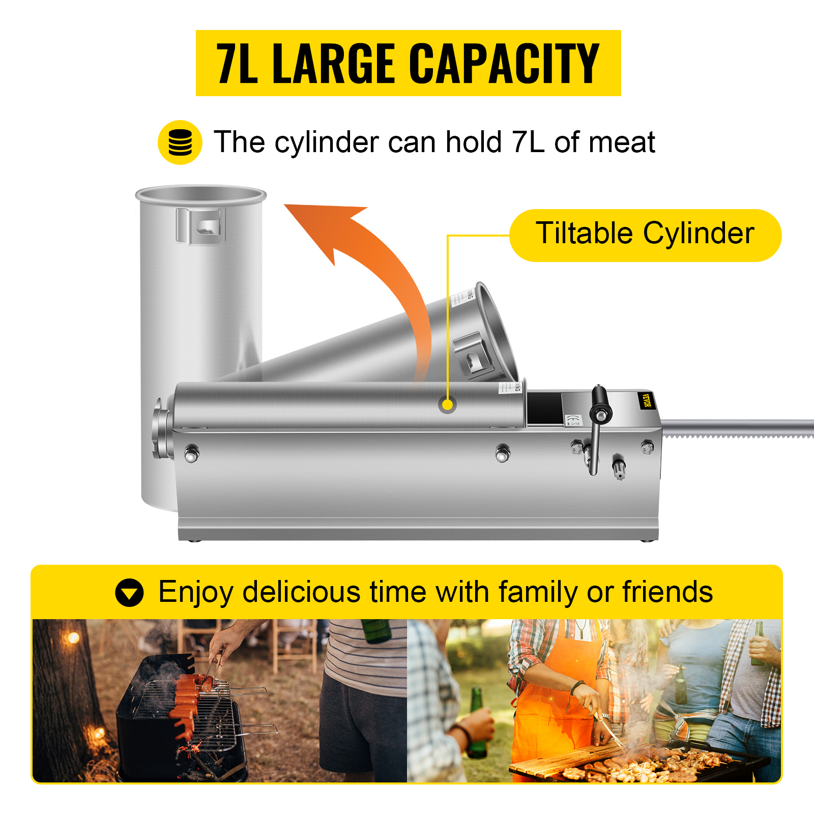 VEVOR sausage stuffer with 7l capacity and tiltable cylinder for easy meat loading.