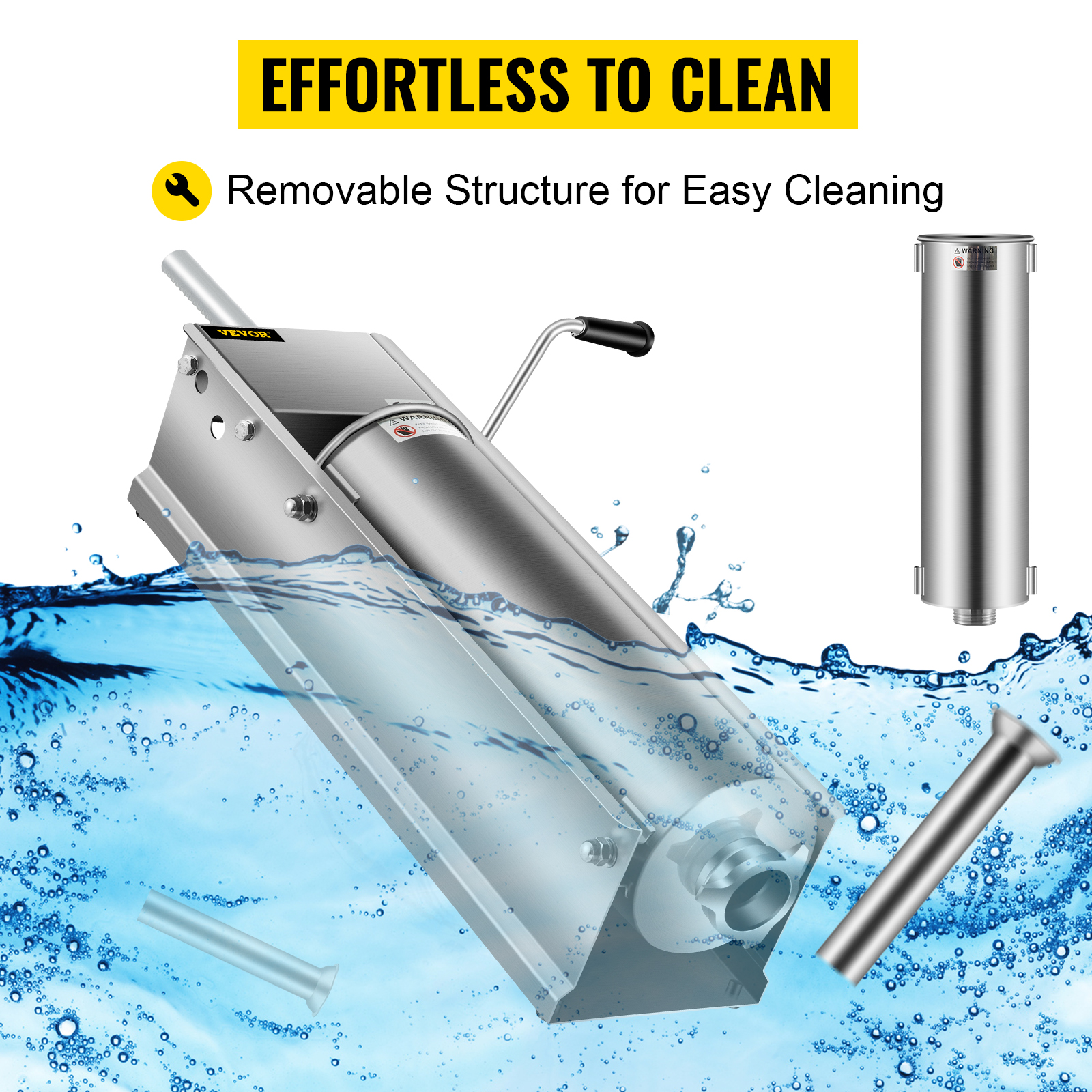 VEVOR sausage stuffer with removable structure, splashing water, effortless to clean.