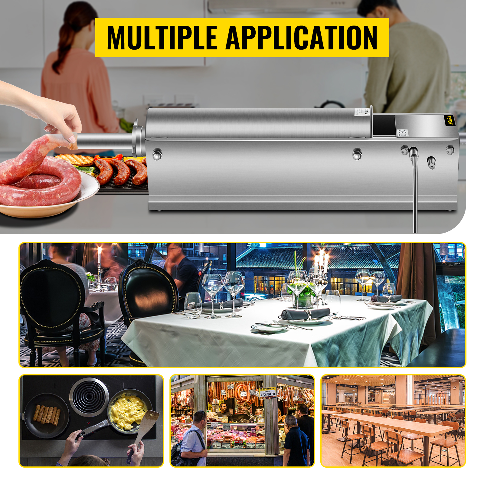 VEVOR sausage stuffer used in home, restaurant, market, and cafeteria settings.