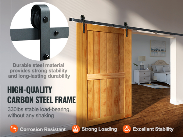 high-quality carbon steel frame VEVOR sliding barn door hardware kit, with durable 330lb load capacity.