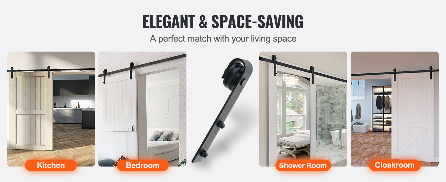 VEVOR sliding barn door hardware kit shown in kitchen, bedroom, shower room, and cloakroom settings.