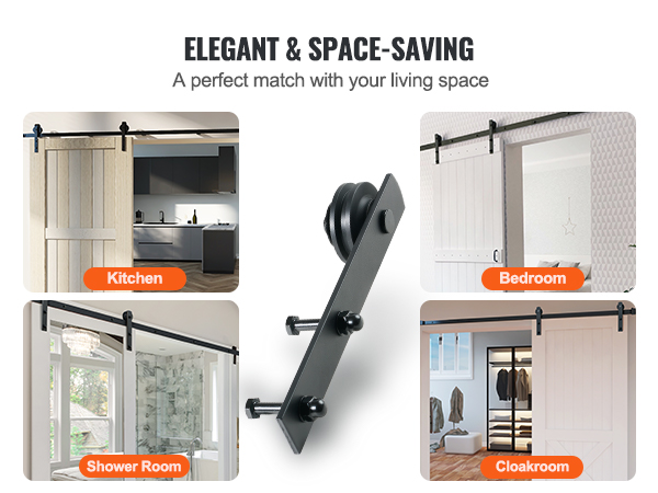 VEVOR sliding barn door hardware in kitchen, bedroom, shower room, and cloakroom, showcasing space-saving design.