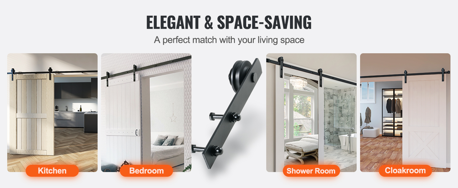 VEVOR sliding barn door hardware in kitchen, bedroom, shower room, and cloakroom, showcasing space-saving design.