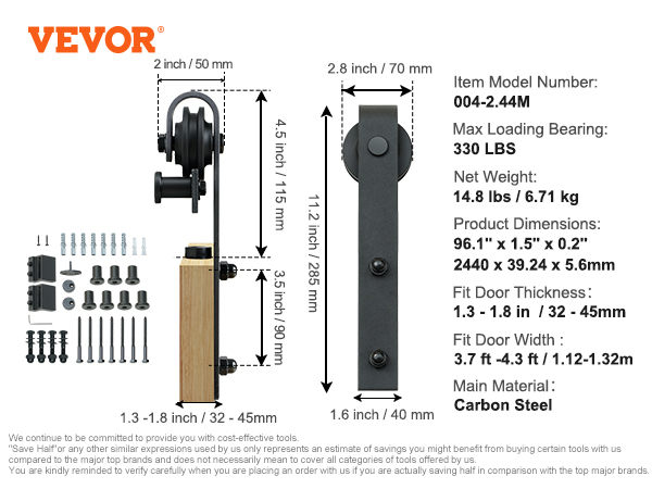 VEVOR sliding barn door hardware kit, 330 lbs load, 285mm roller, carbon steel, door thickness 1.3-1.8 in.