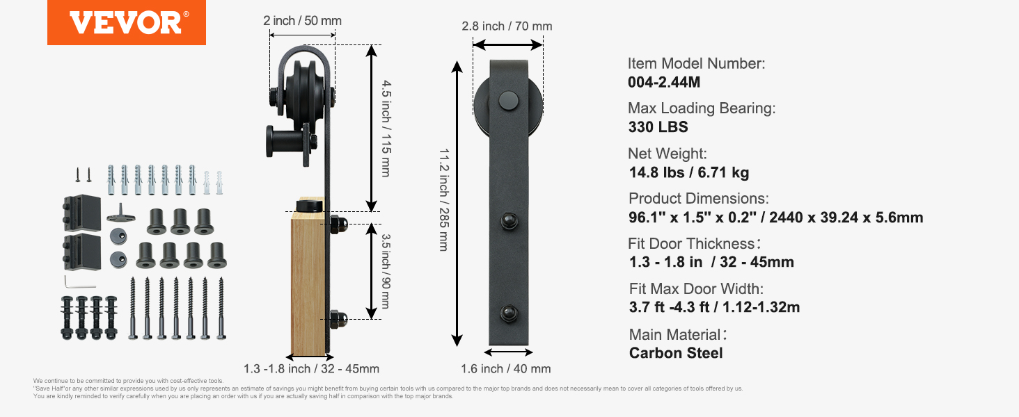 VEVOR sliding barn door hardware kit, 330 lbs load, 285mm roller, carbon steel, door thickness 1.3-1.8 in.