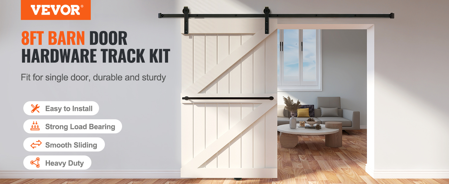 VEVOR sliding barn door hardware kit, 8ft, easy to install, strong, smooth sliding, heavy duty.