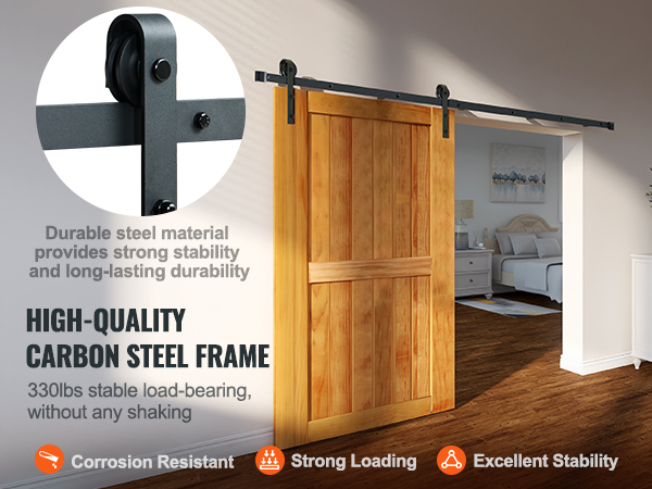 VEVOR sliding barn door hardware kit with high-quality carbon steel frame, 330lbs load-bearing capacity.