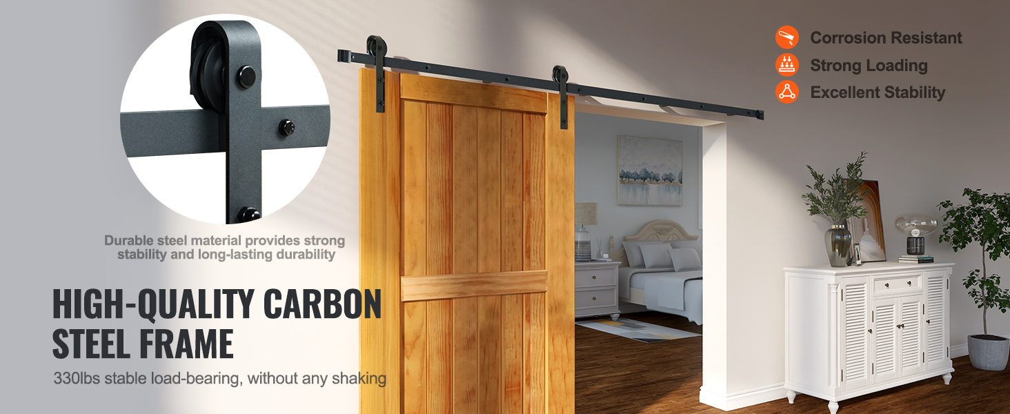 VEVOR sliding barn door hardware kit with high-quality carbon steel frame, 330lbs load-bearing capacity.