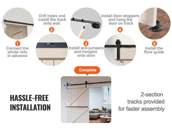 hassle-free installation of VEVOR sliding barn door hardware kit in 5 steps; track, hangers, floor guide.