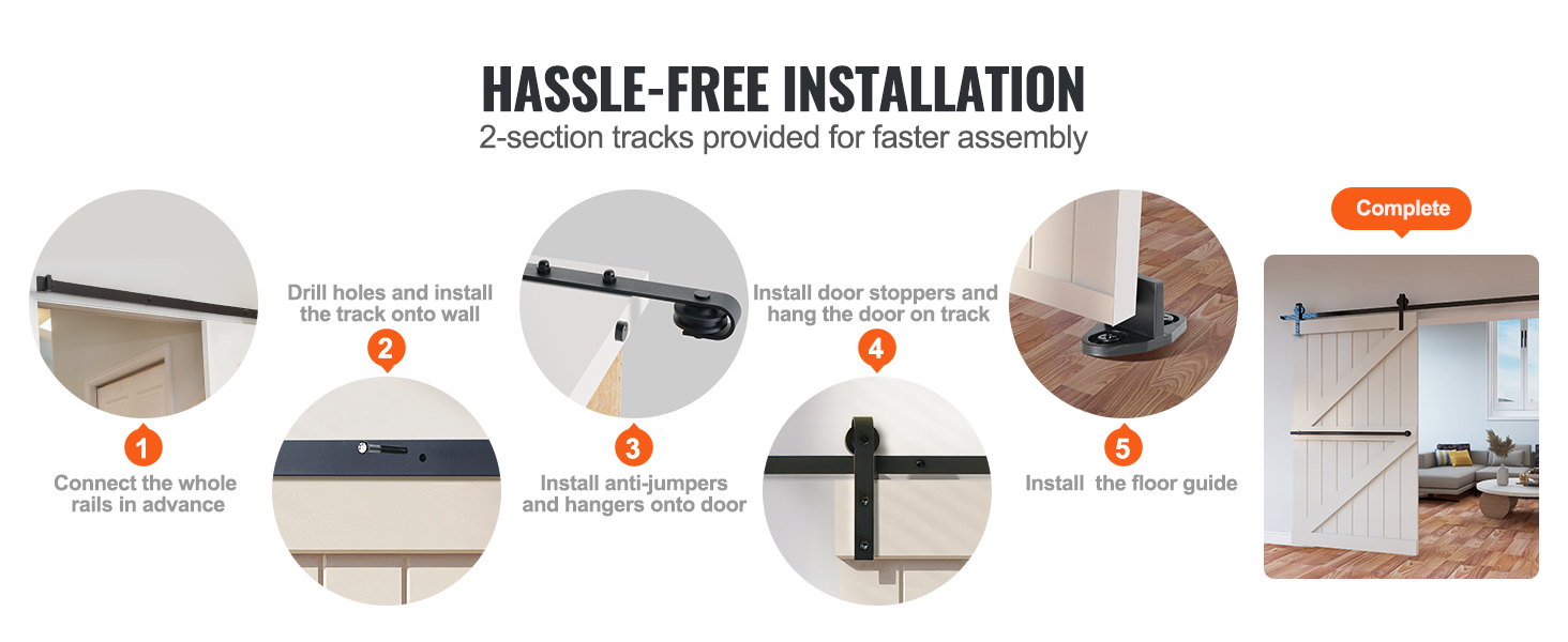 hassle-free installation of VEVOR sliding barn door hardware kit in 5 steps; track, hangers, floor guide.