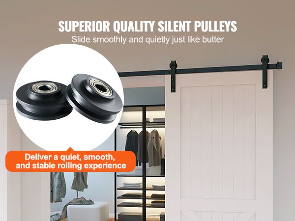 superior quality pulleys ensure smooth, silent operation for VEVOR sliding barn door hardware kit.