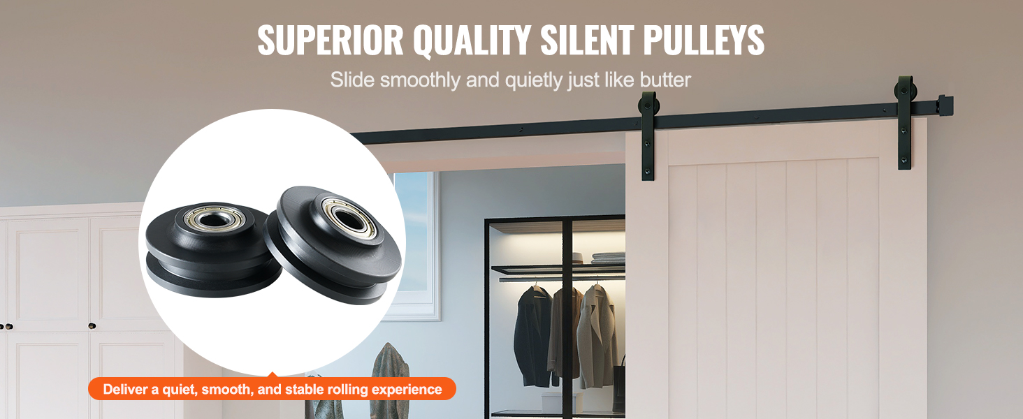 superior quality pulleys ensure smooth, silent operation for VEVOR sliding barn door hardware kit.