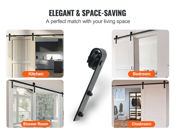 elegant VEVOR sliding barn door hardware kit installed in kitchen, bedroom, shower room, and cloakroom.