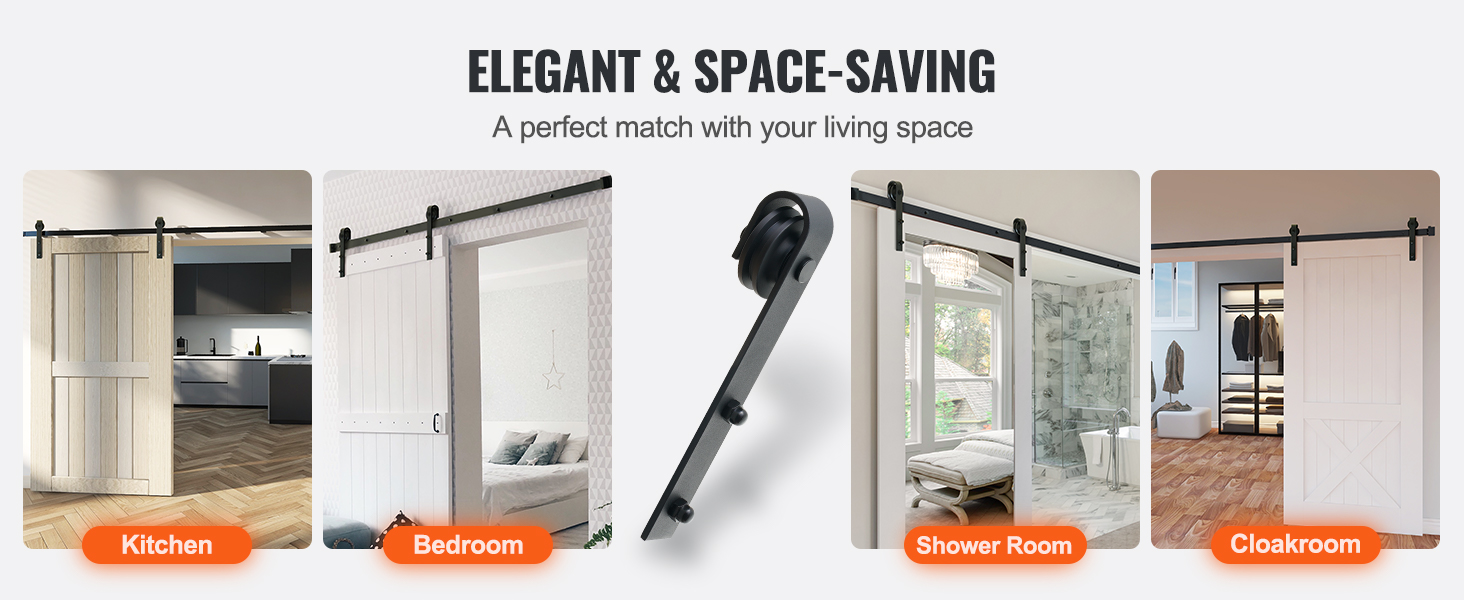 elegant VEVOR sliding barn door hardware kit installed in kitchen, bedroom, shower room, and cloakroom.