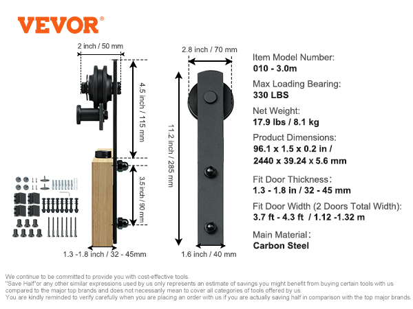 VEVOR sliding barn door hardware kit detailed with dimensions, materials, and specifications on a white background.