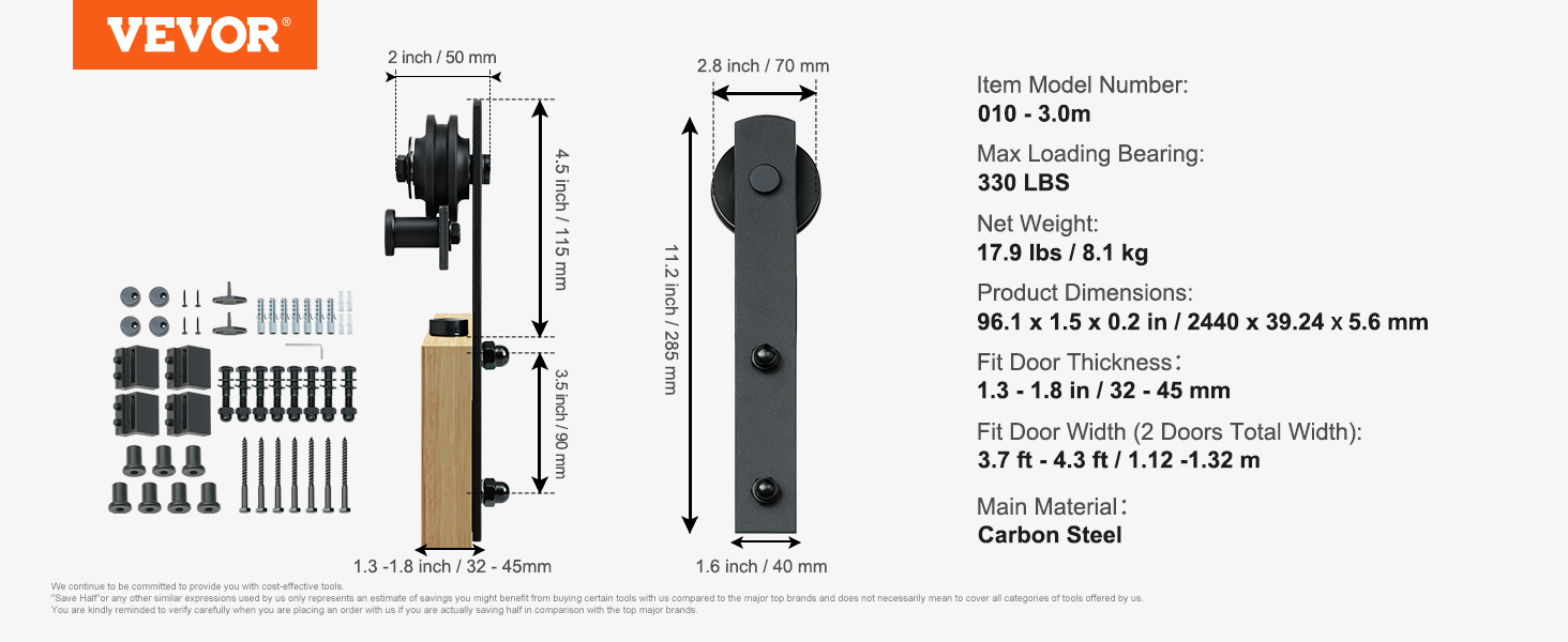 VEVOR sliding barn door hardware kit detailed with dimensions, materials, and specifications on a white background.