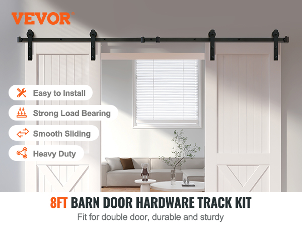 VEVOR sliding barn door hardware kit, 8ft track, white doors, fit for double doors, easy install.