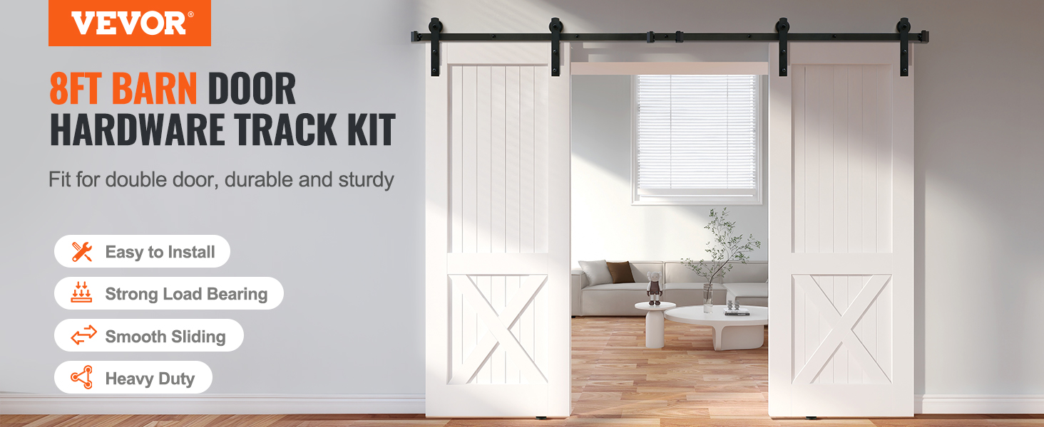 VEVOR sliding barn door hardware kit, 8ft track, white doors, fit for double doors, easy install.