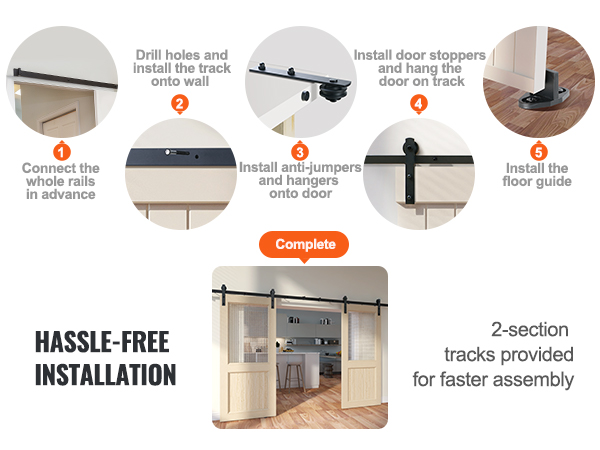 hassle-free installation steps for VEVOR sliding barn door hardware kit with illustrative visuals.