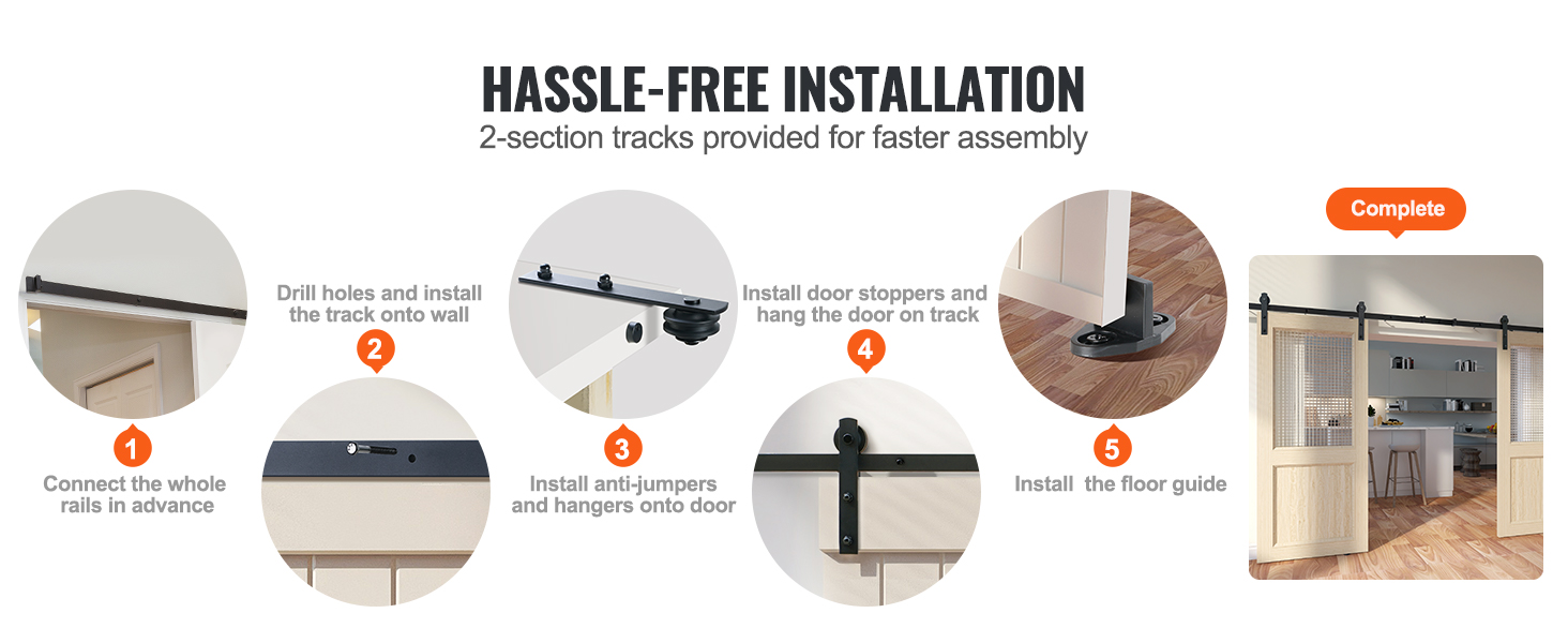 hassle-free installation steps for VEVOR sliding barn door hardware kit with illustrative visuals.
