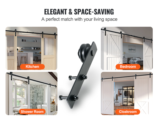 elegant and space-saving VEVOR sliding barn door hardware kit for kitchen, bedroom, shower room, and cloakroom.
