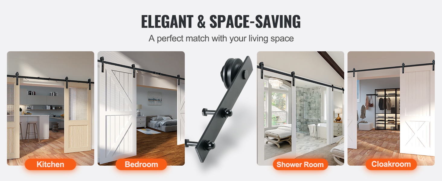 elegant and space-saving VEVOR sliding barn door hardware kit for kitchen, bedroom, shower room, and cloakroom.