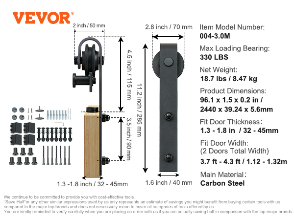 VEVOR sliding barn door hardware kit with dimensions and components detailed.