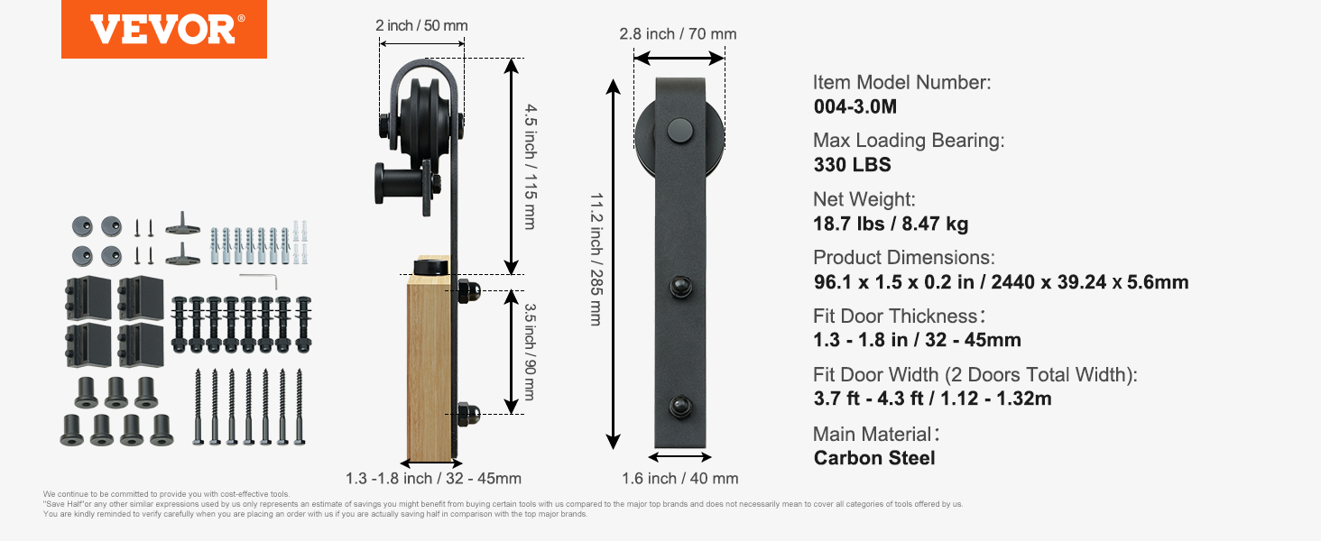 VEVOR sliding barn door hardware kit with dimensions and components detailed.