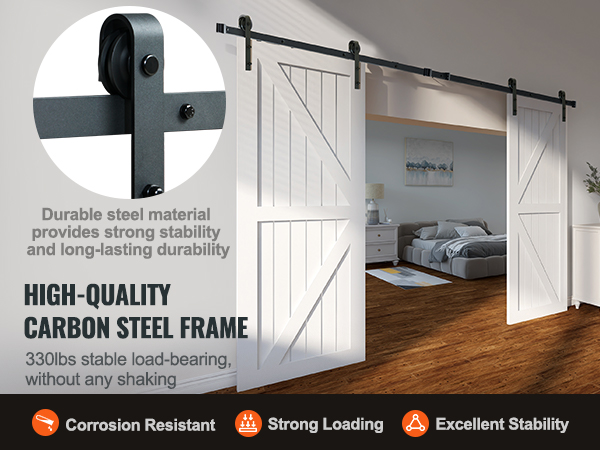 high-quality carbon steel VEVOR sliding barn door hardware kit with strong load-bearing white doors.