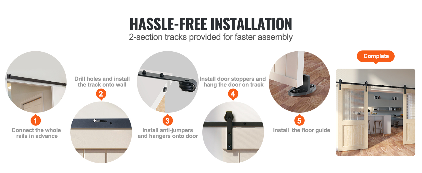 hassle-free installation steps for VEVOR sliding barn door hardware kit with complete assembly view.