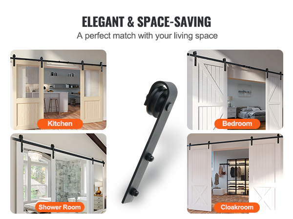 elegant and space-saving VEVOR sliding barn door hardware kit in kitchen, bedroom, shower room, cloakroom.
