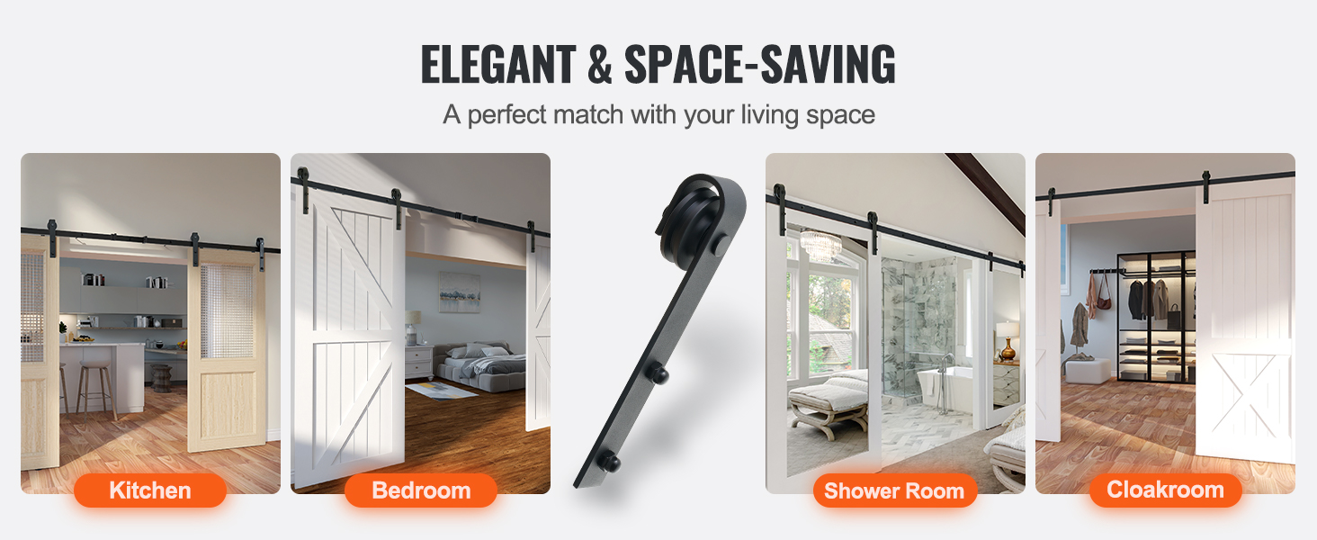 elegant and space-saving VEVOR sliding barn door hardware kit in kitchen, bedroom, shower room, cloakroom.