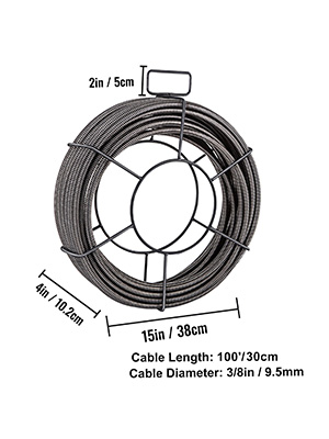 VEVOR drain cleaning cable, 100ft length and 3/8in diameter with dimensions.