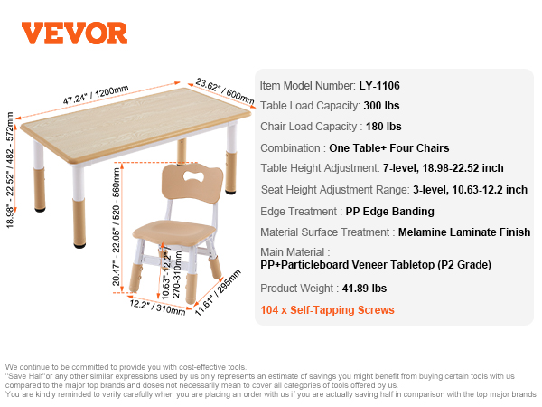 VEVOR kids table and chairs set with adjustable height, pp edge banding, and melamine laminate finish.