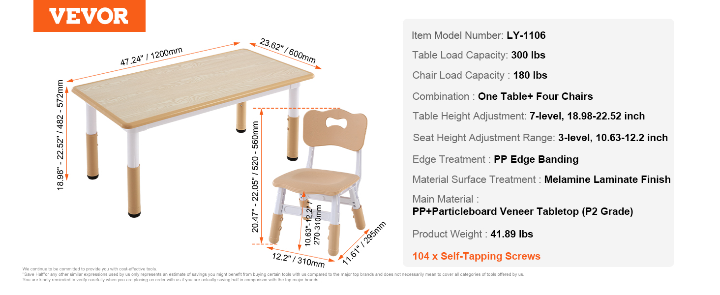 VEVOR kids table and chairs set with adjustable height, pp edge banding, and melamine laminate finish.