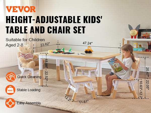 VEVOR kids table and chairs set for children aged 2-8, featuring adjustable height and easy assembly.