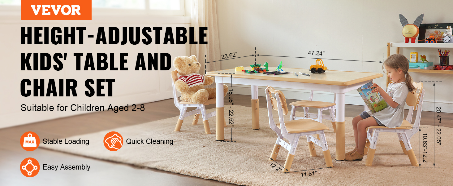 VEVOR kids table and chairs set for children aged 2-8, featuring adjustable height and easy assembly.
