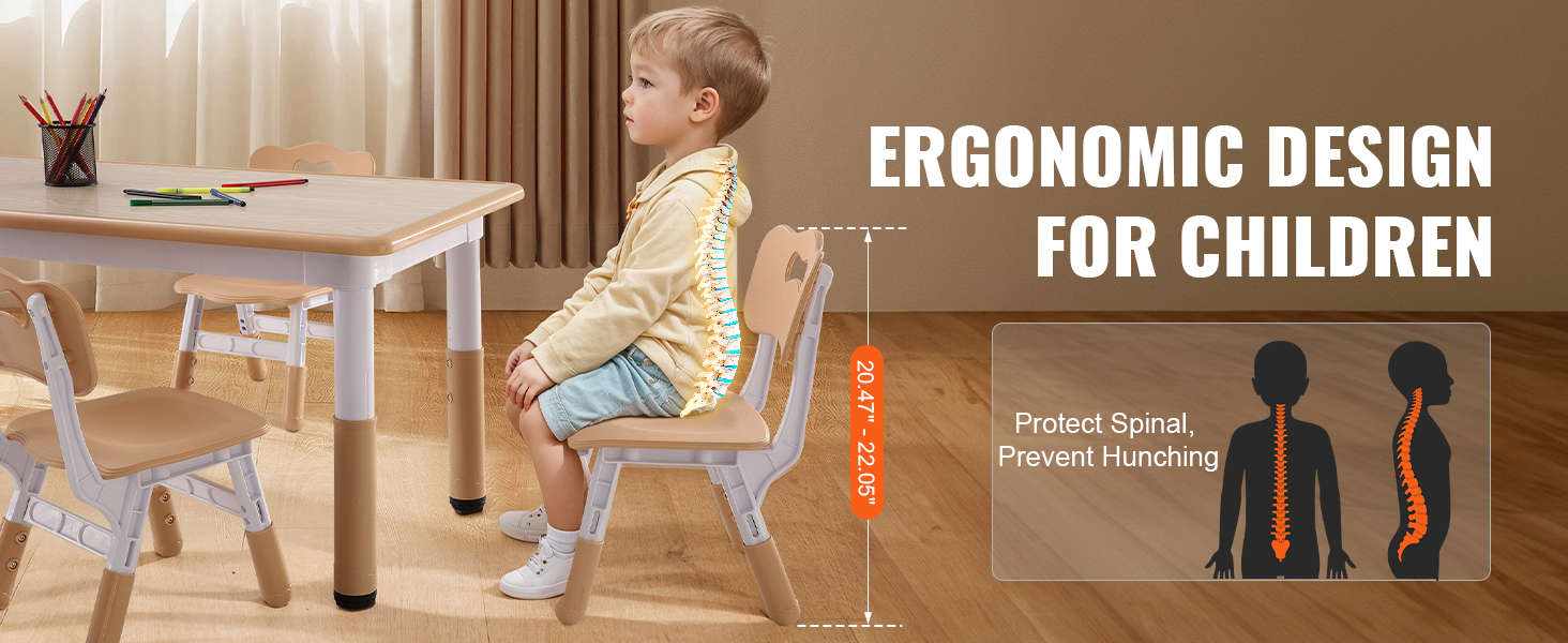 VEVOR kids table and chairs set with ergonomic design to protect spinal health and prevent hunching.